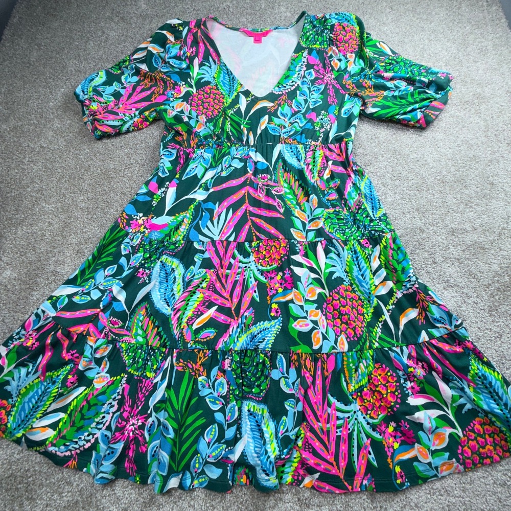 Lilly Pulitzer V-Neck Tiered Tropical Pineapple Dress Green Multi Large 10771